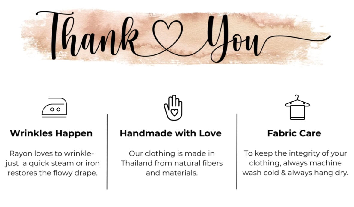 Charlee Girl thank you card with rayon viscose care instructions about wrinkles, handmade construction, and cold wash hang dry care