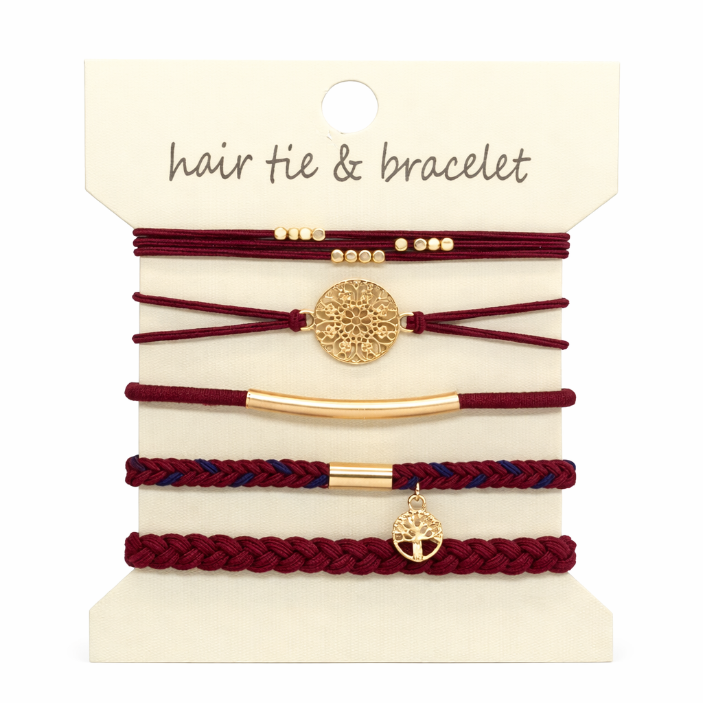 Ruby Garnet Hair Tie & Bracelet Stack (5-Piece Set)