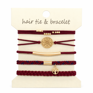 Ruby Garnet Hair Tie & Bracelet Stack (5-Piece Set)