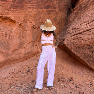 Moonlight White harem pants paired with Ashley Lifeguard Sun Hat — white flowy pants outfit