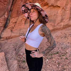 Karlene in The Anna Hollow Mat hat and obsidian harem pants — wide brim straw sun hat outfit
