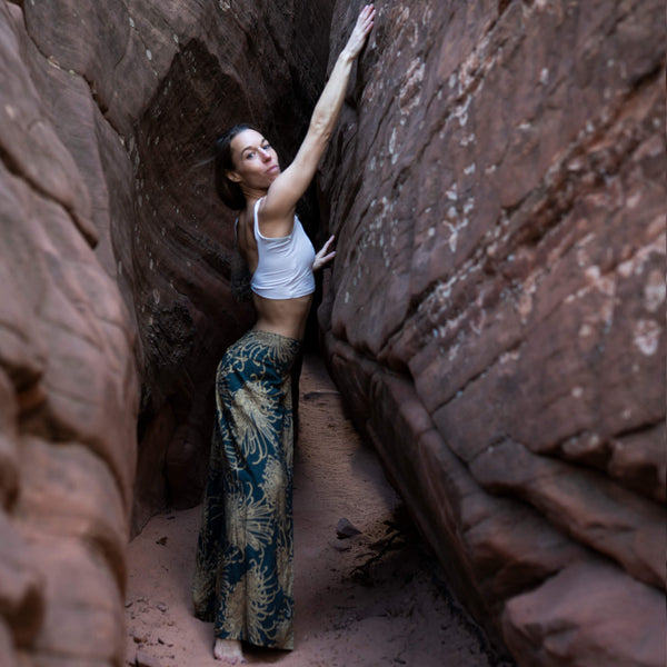 Full length front view of Wild Bloom Rooted Earth palazzo pants — boho palazzo pants women