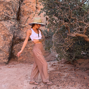 Sandstone harem pants paired with Layla Lifeguard Sun Hat — boho harem pants styled