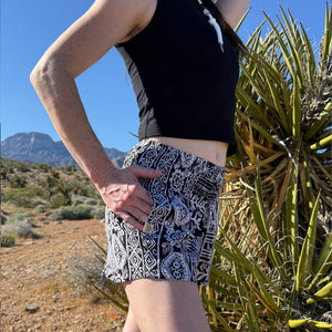 Lauren in Ember Glyph Ocean Wave rayon shorts — navy geometric printed boho shorts