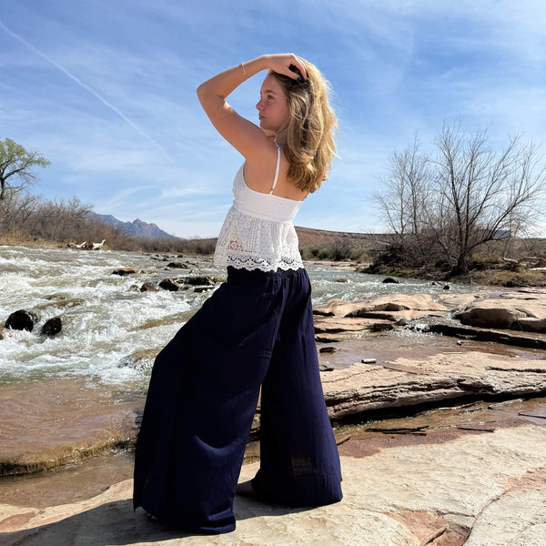 Charlee Girl Ocean Wave palazzo pants in navy blue rayon viscose — wide leg pants women