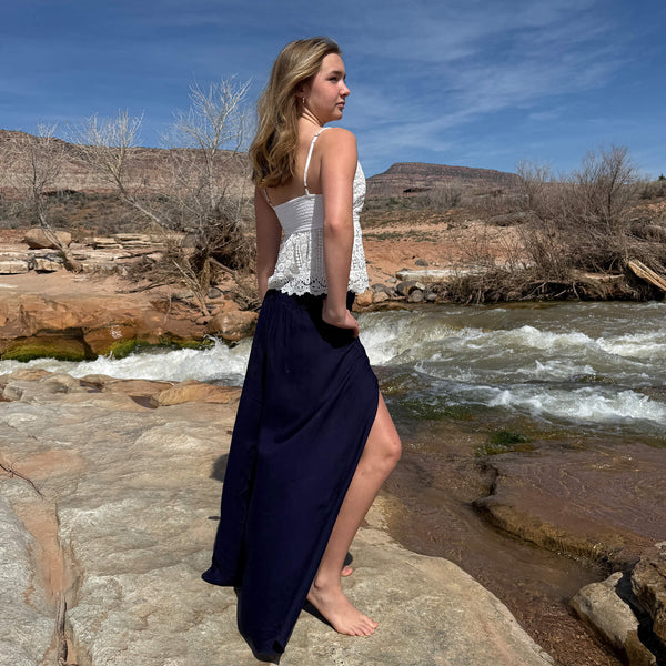 Navy blue Ocean Wave palazzo pants side slit detail — wide leg rayon viscose pants