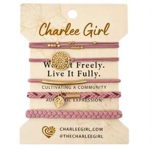 Soft Sky hair tie and bracelet stack flatlay — pink boho hair accessories 5-piece set