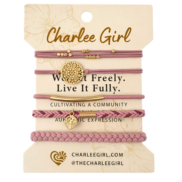 Soft Sky hair tie and bracelet stack flatlay — pink boho hair accessories 5-piece set