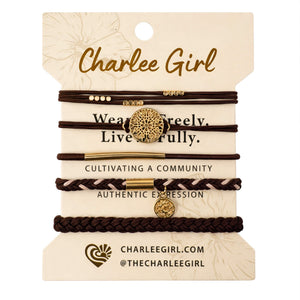 Earthbound bracelet stack in brown earth tones — boho hair tie and bracelet set