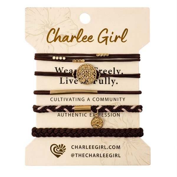 Earthbound bracelet stack in brown earth tones — boho hair tie and bracelet set