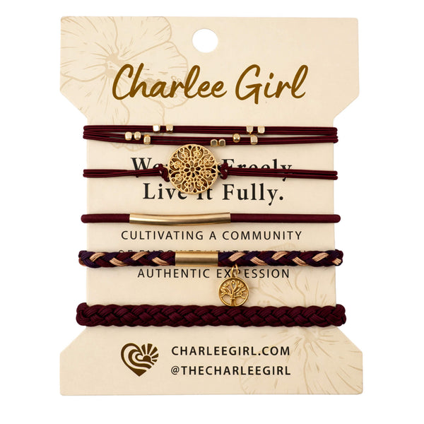Ruby Garnet hair tie and bracelet stack flatlay — burgundy boho hair accessories 5-piece set