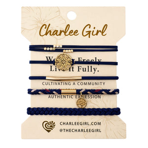 Ocean Wave hair tie and bracelet stack flatlay — navy boho hair accessories 5-piece set