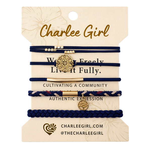 Ocean Wave hair tie and bracelet stack flatlay — navy boho hair accessories 5-piece set