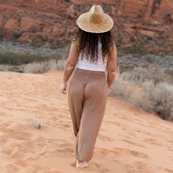 Back view of Sandstone harem pants — sandstone flowy pants women