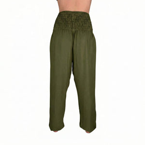 Deep hip pockets with heart logo on Forest Moss harem pants — harem pants with pockets