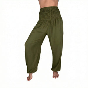 Woman wearing green harem pants — green boho pants