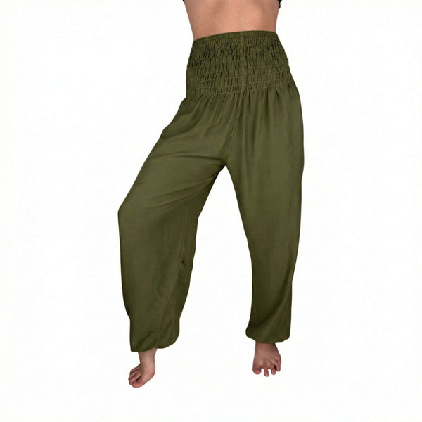 Woman wearing green harem pants — green boho pants