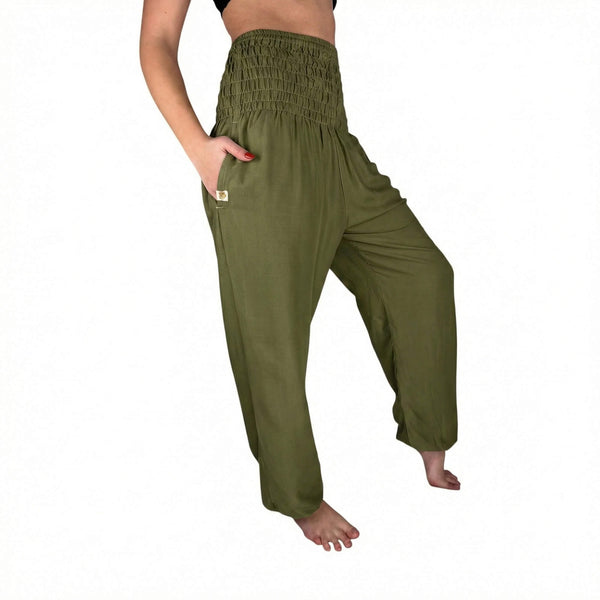 Side drape view of Forest Moss harem pants — green boho pants styled