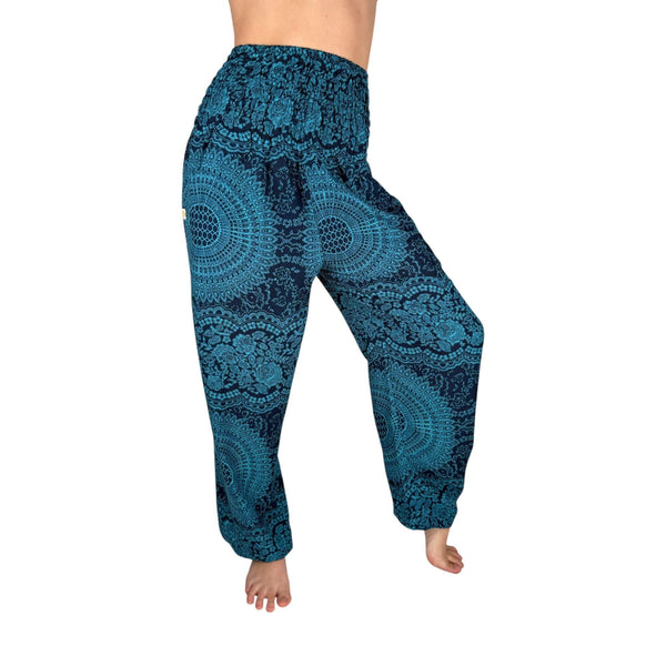 Smocked waistband on Elemental Mandala Azure Sky harem pants — mandala pants with pockets
