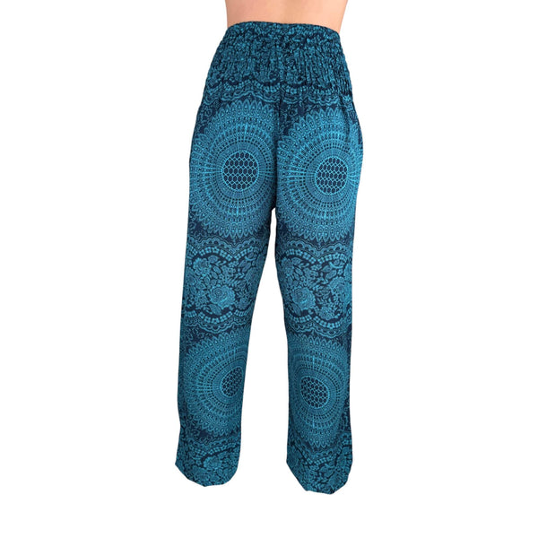 Back view of Elemental Mandala Azure Sky harem pants — blue mandala pants women
