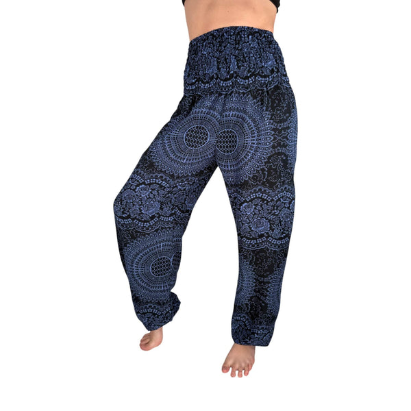 Woman wearing deep sea navy mandala harem pants — boho navy mandala pants