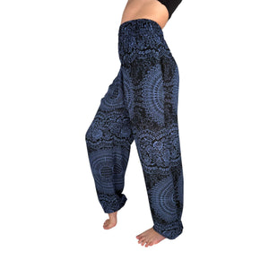 Smocked waistband on Elemental Mandala Ocean Wave harem pants — mandala pants with pockets