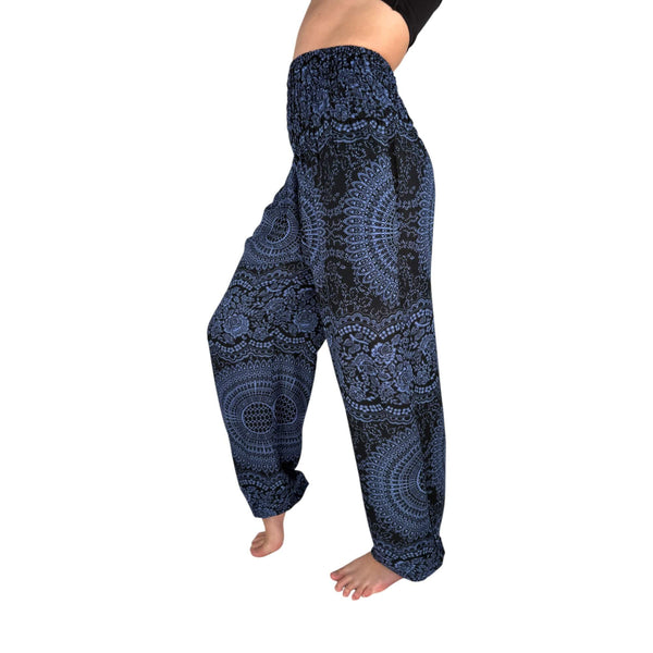 Smocked waistband on Elemental Mandala Ocean Wave harem pants — mandala pants with pockets
