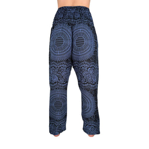 Back view of Elemental Mandala Ocean Wave harem pants — navy mandala pants women