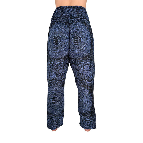Back view of Elemental Mandala Ocean Wave harem pants — navy mandala pants women