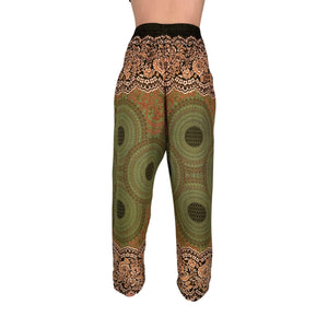 Back view of Free Spirit Mandala Earth harem pants — earth mandala pants women