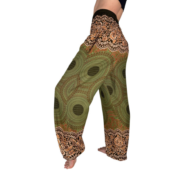 Smocked waistband on Free Spirit Mandala Earth harem pants — mandala pants with pockets