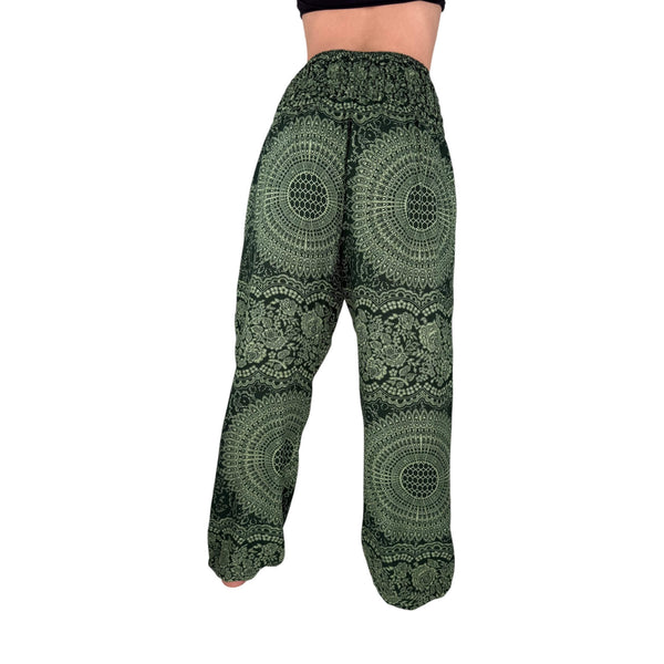 Smocked waistband on Elemental Mandala Forest Moss harem pants — mandala pants with pockets