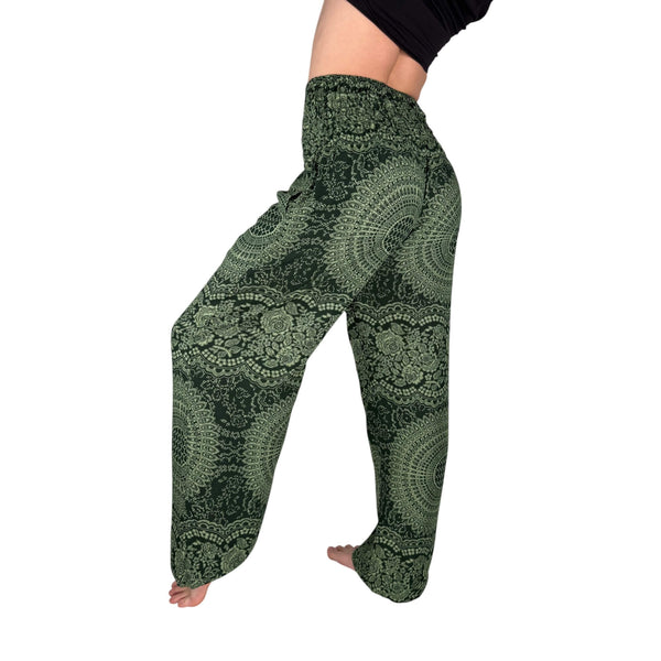Back view of Elemental Mandala Forest Moss harem pants — green mandala pants women