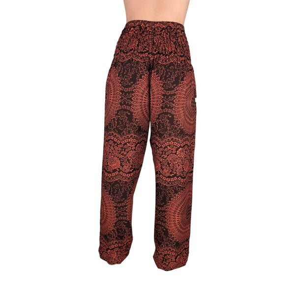 Side drape of Elemental Mandala Sierra Fire harem pants — sierra fire red printed rayon pants