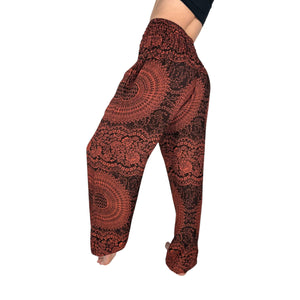 Back view of Elemental Mandala Sierra Fire harem pants — red mandala pants women