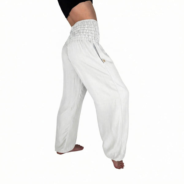 Charlee Girl white harem pants in plant-based rayon viscose — boho harem pants women