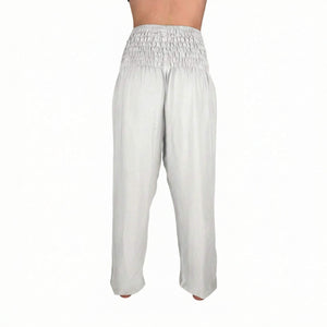 Deep hip pockets with heart logo on Moonlight White harem pants — harem pants with pockets