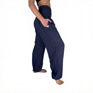 Ocean Wave harem pants fabric detail — soft plant-based rayon viscose