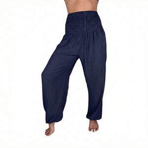 Woman wearing navy harem pants — navy boho pants