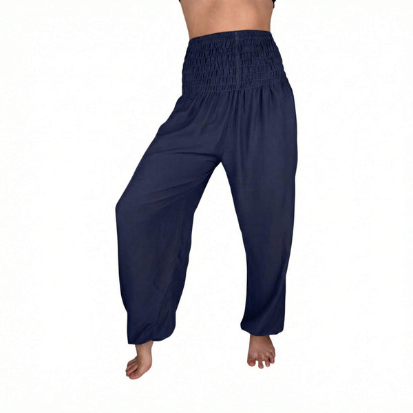Woman wearing navy harem pants — navy boho pants