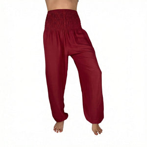 Side drape view of Ruby Garnet harem pants — burgundy boho pants styled