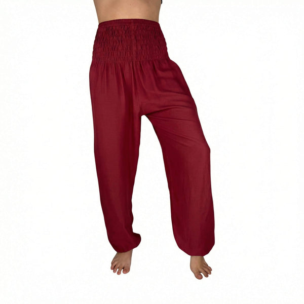 Side drape view of Ruby Garnet harem pants — burgundy boho pants styled