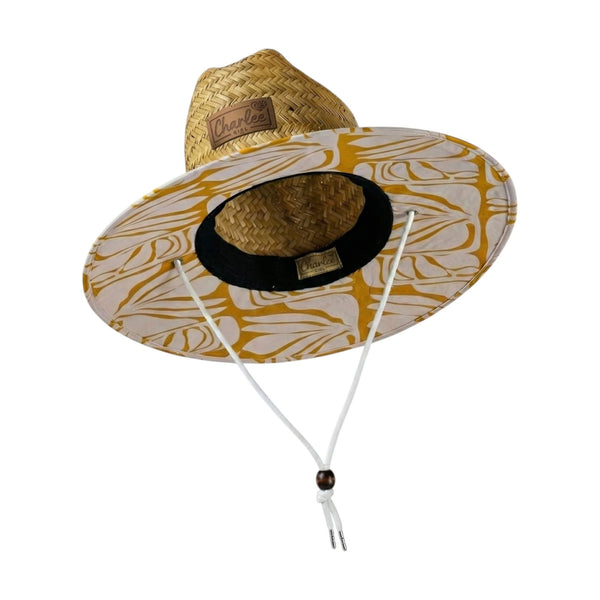 Charlee Girl straw sun hat The Charlee in Hollow Mat weave — tropical leaf print open weave sun hat