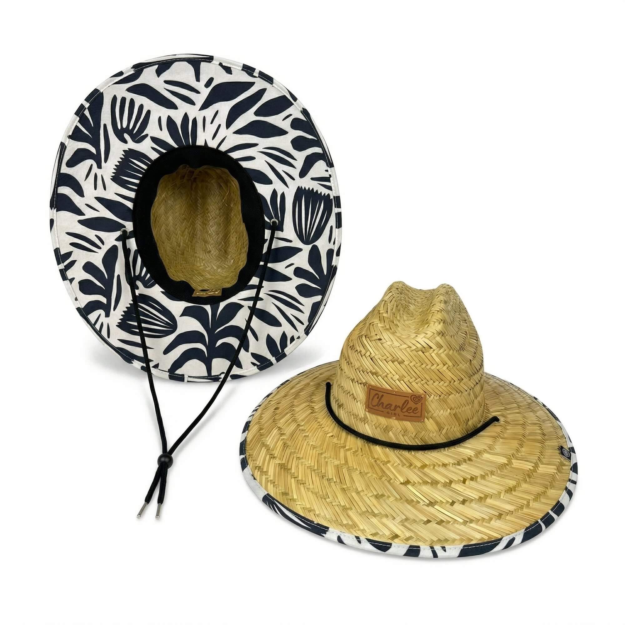 Woman wearing The Jessica Hollow Mat sun hat — botanical print open weave hat