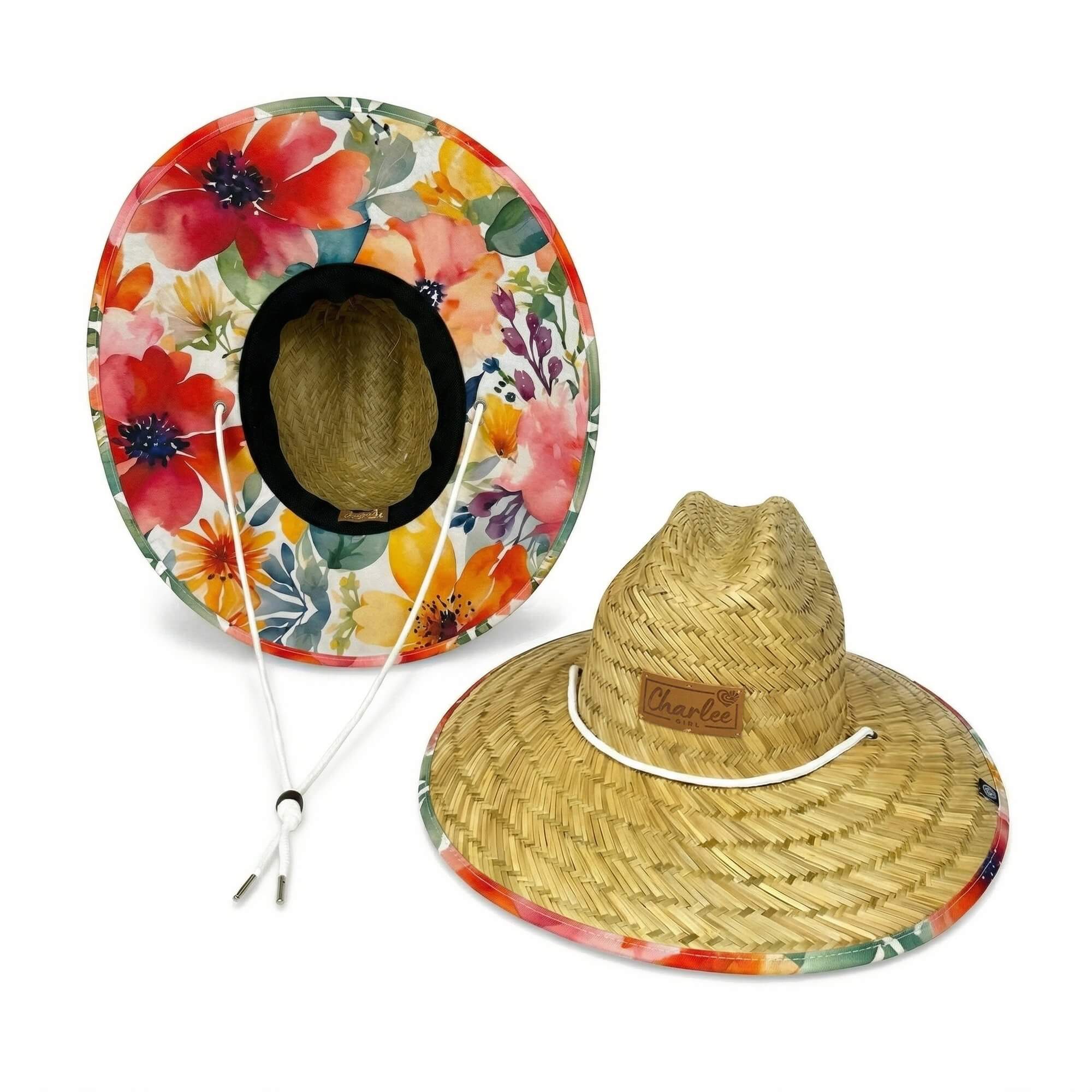 Woman wearing The Josephine Hollow Mat sun hat — watercolor floral open weave hat