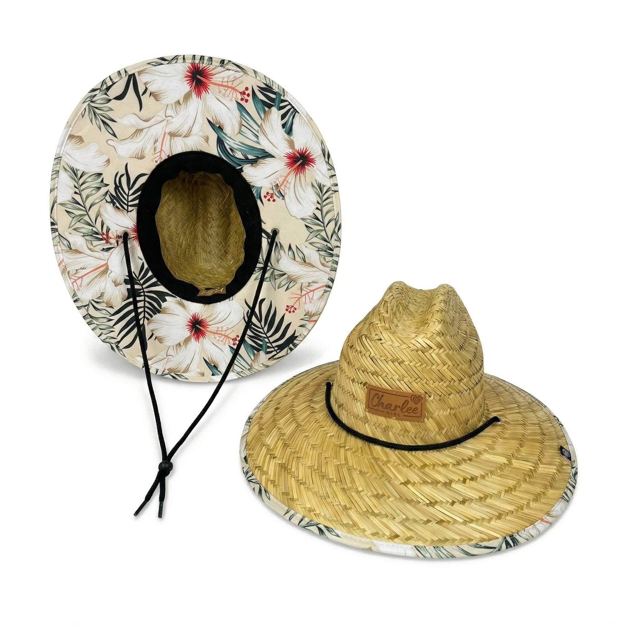 Woman wearing The Layla Hollow Mat sun hat — tropical floral open weave hat