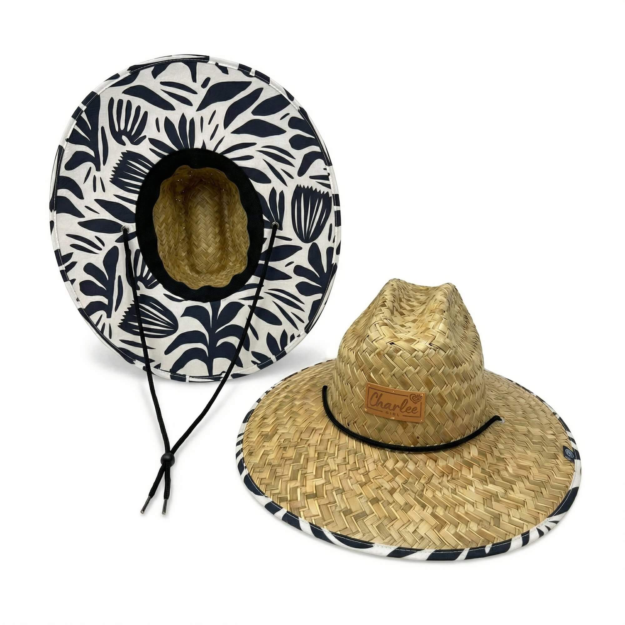 Woman wearing The Jessica straw sun hat — botanical print boho beach hat