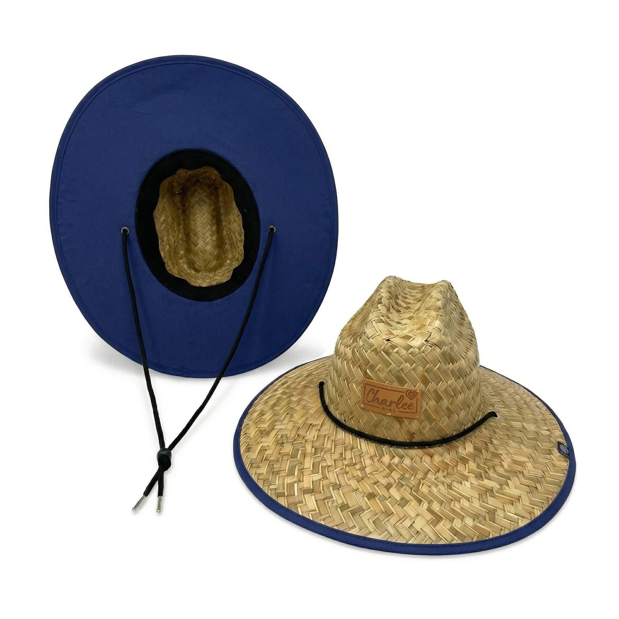 Woman wearing The JoJo straw sun hat — ocean blue boho beach hat