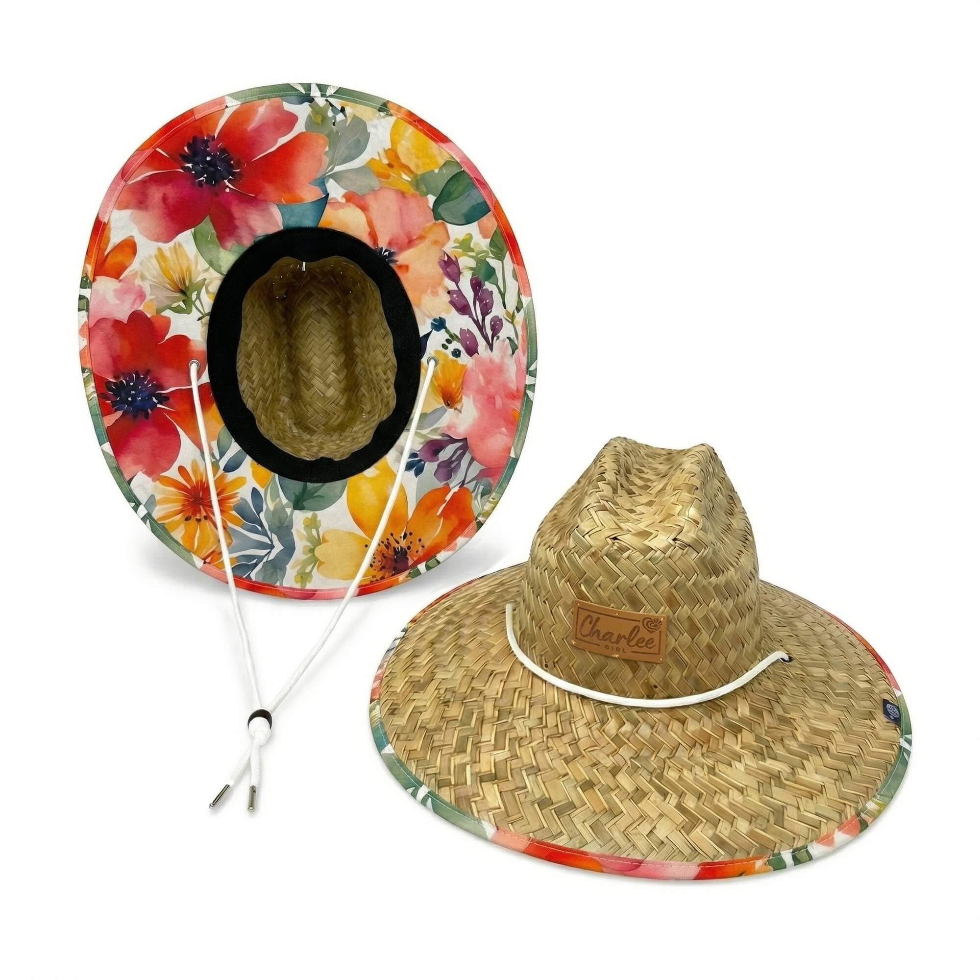 Woman wearing The Josephine straw sun hat — watercolor floral boho sun hat