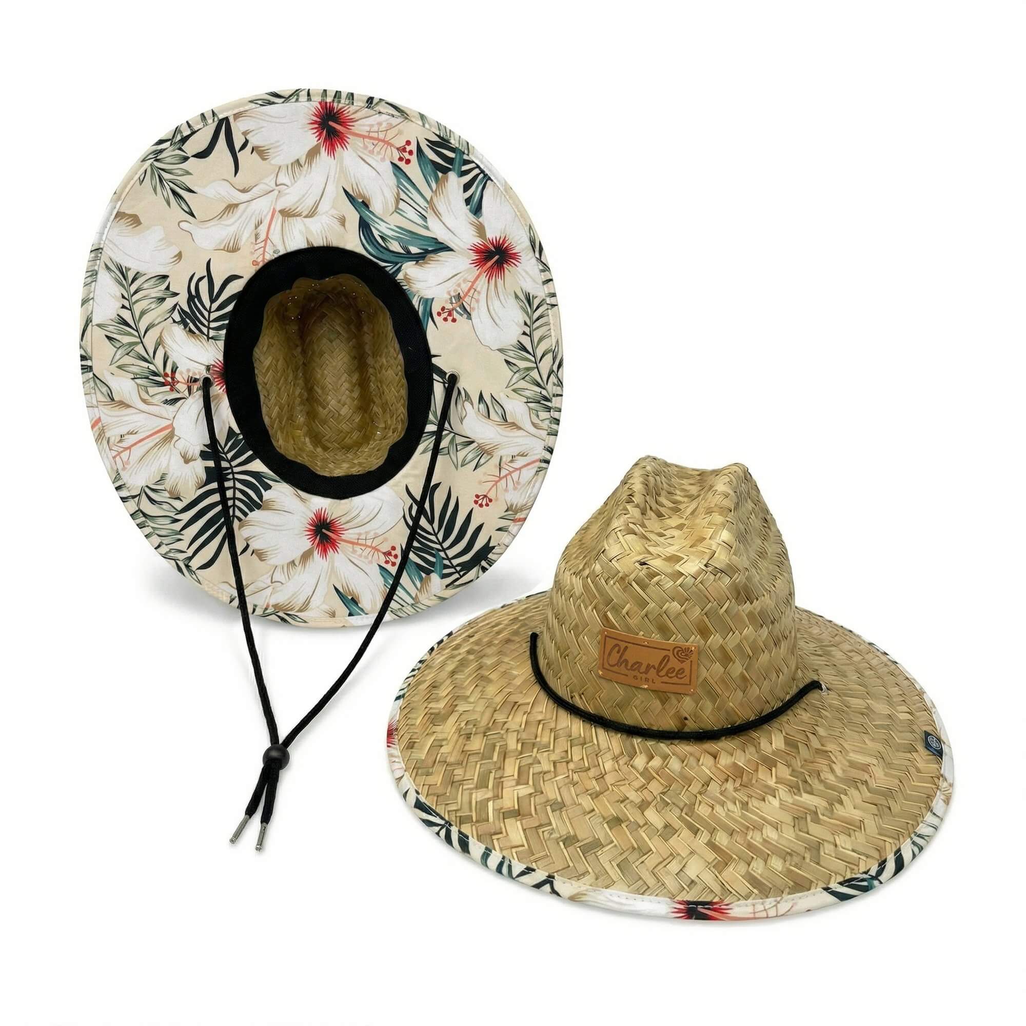 Woman wearing The Layla straw sun hat — tropical floral wide brim hat